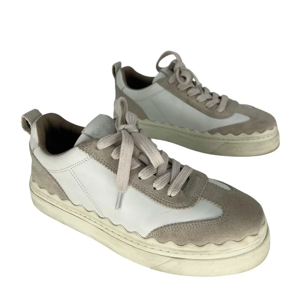 Chloé Lauren Leather Suede‎ Platform Sneakers White Beige 37